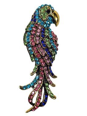 Colorful Rhinestone Parrot Bird Brooch Pin Costume Jewelry Retro VTG
